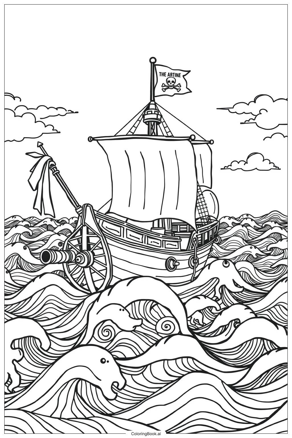  Pirate Ship on a Wavy Ocean-2 Coloring Page 