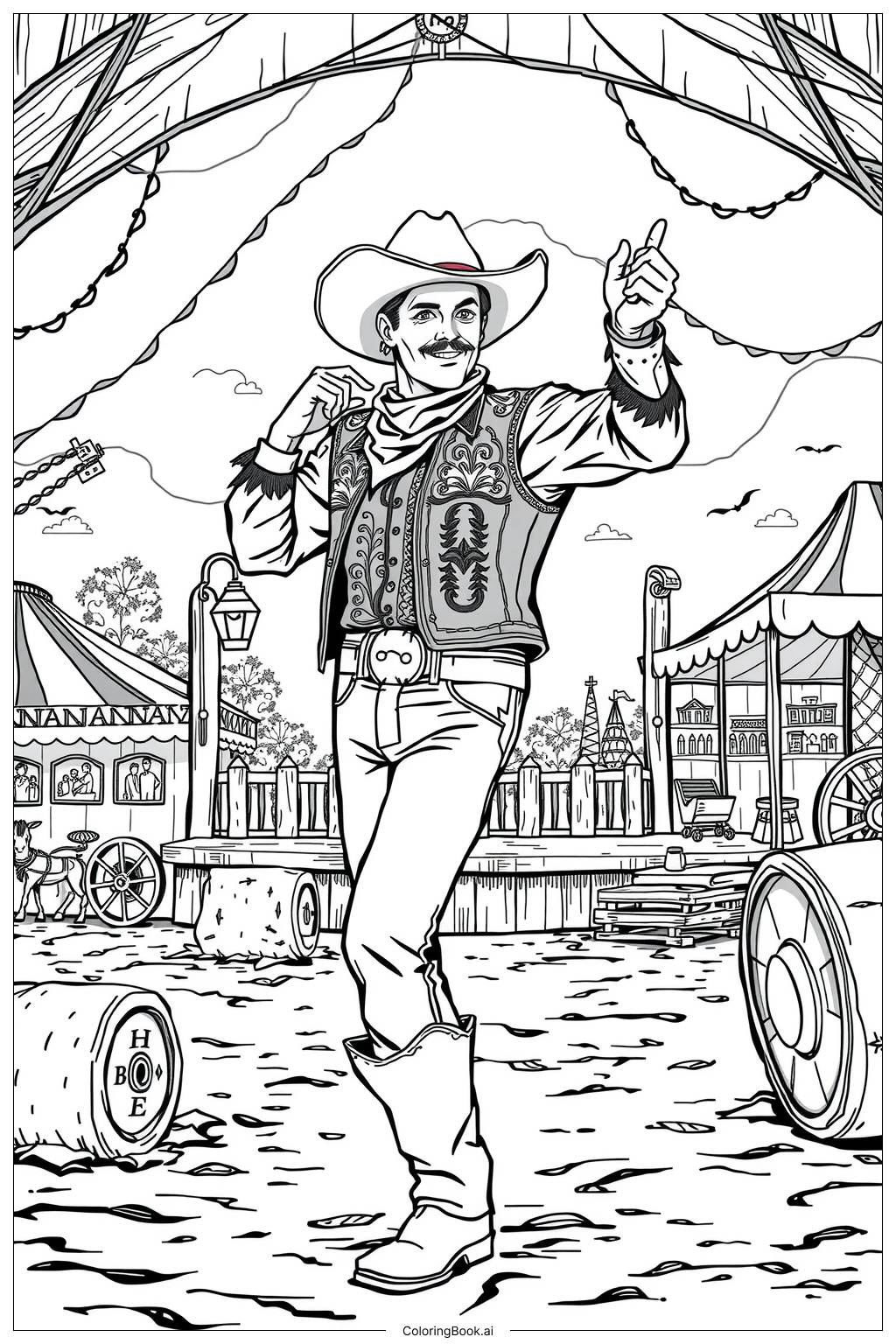  Cowboy dancing at a country fair Coloring Page 