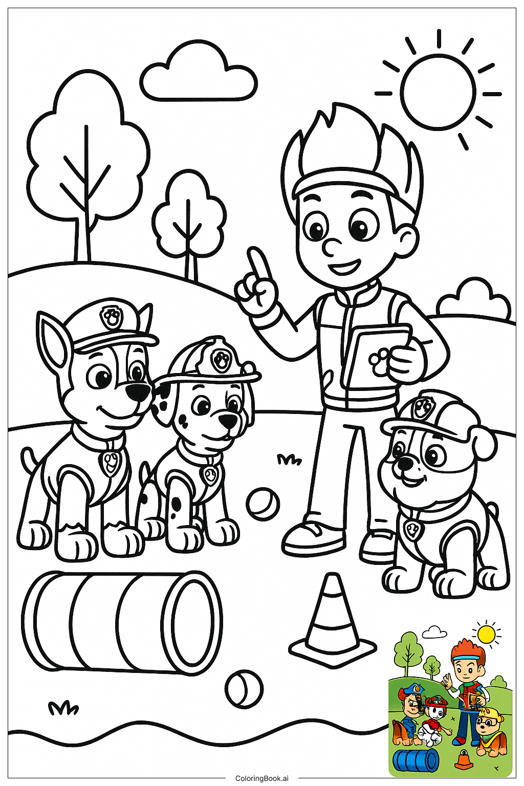  Página para colorir de Paw Patrol Ryder Treinando os Filhotes 