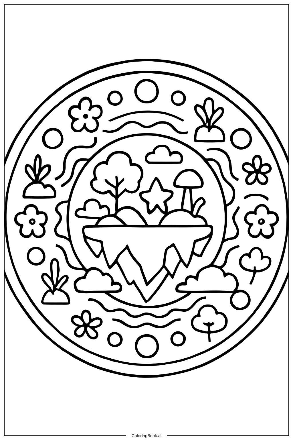  Mandala of Floating Island Fantasy Coloring Page 