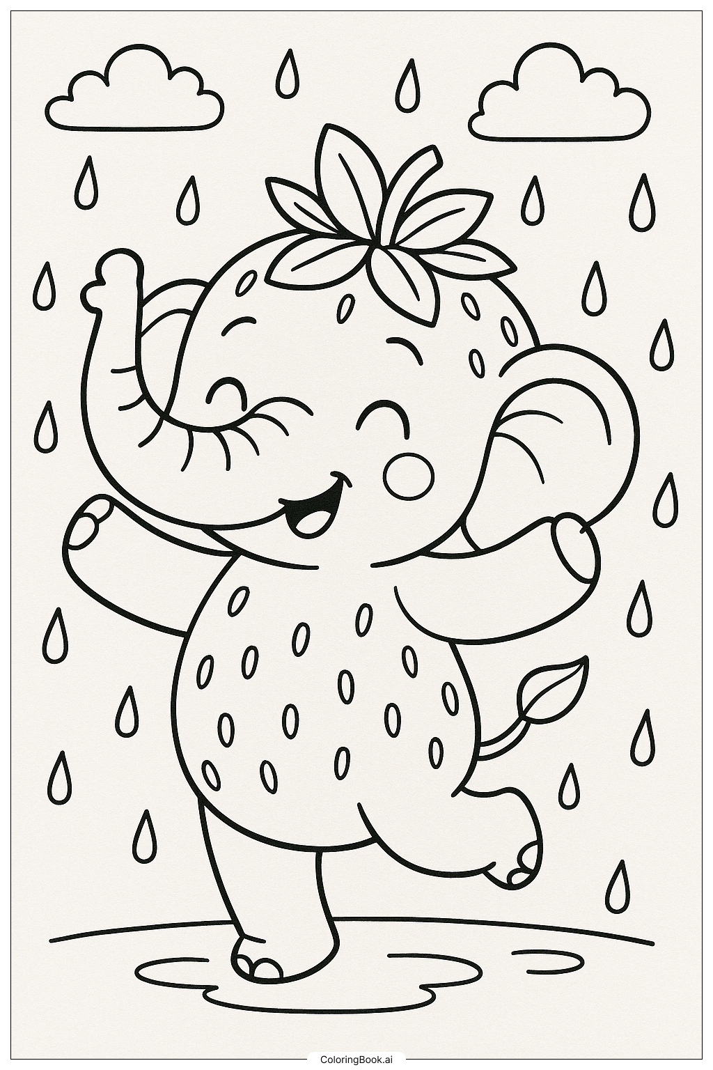  草莓大象在雨中跳舞填色页 