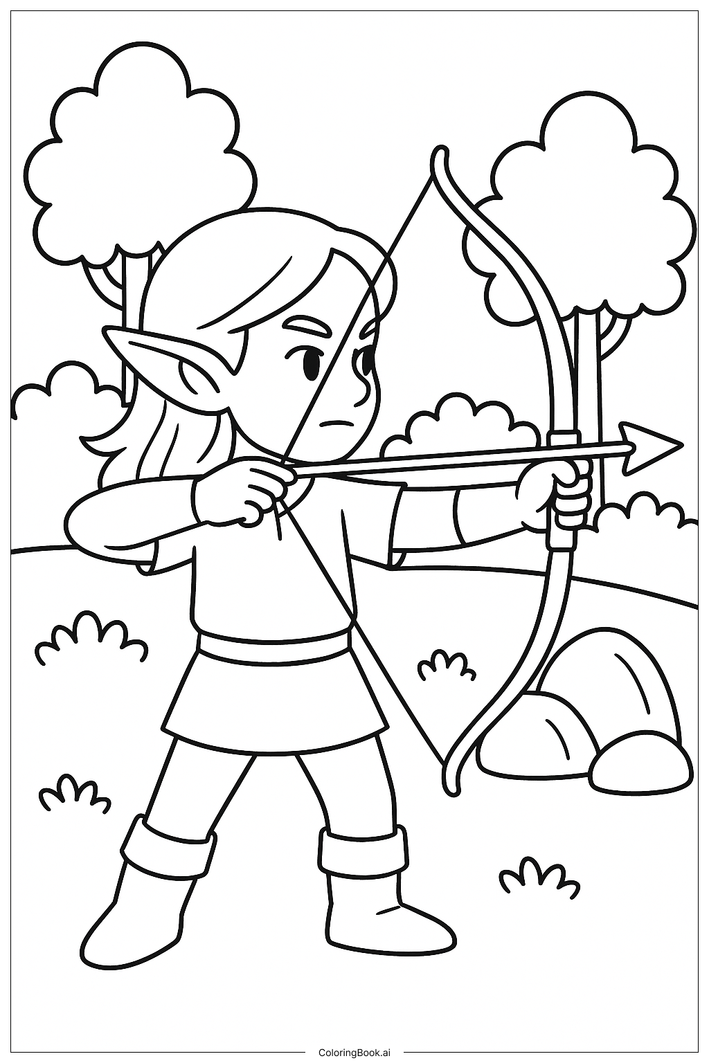  Página para colorir de Elfo Arqueiro Apontando um Arco 
