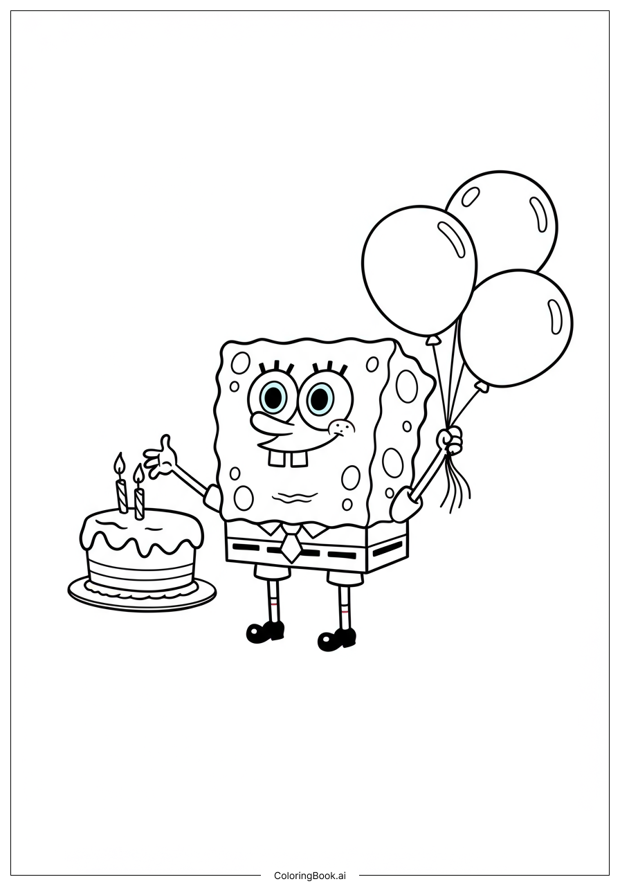  SpongeBob mit Geburtstagstorte und Ballons Ausmalseite 