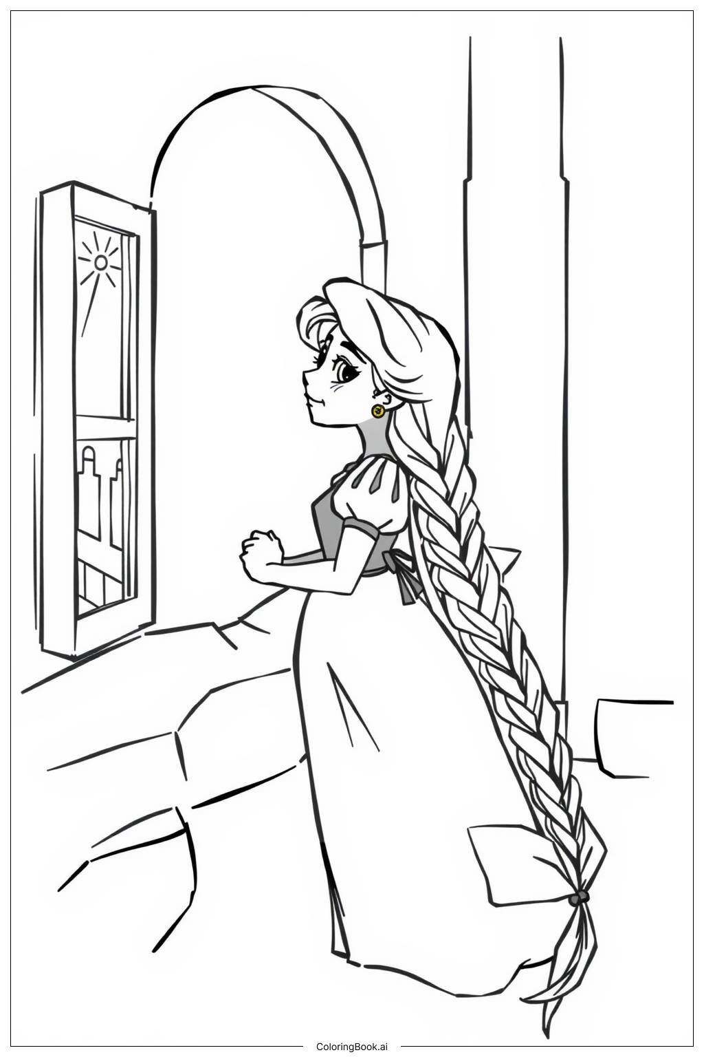  Página para colorir de Rapunzel Olhando pela Janela 