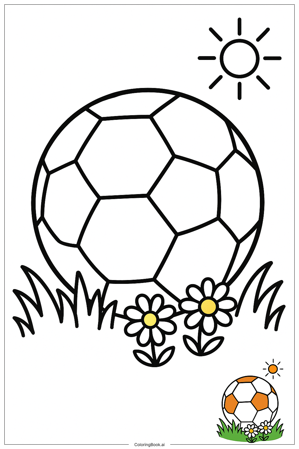  Page de coloriage Ballon de football sur le terrain vert 