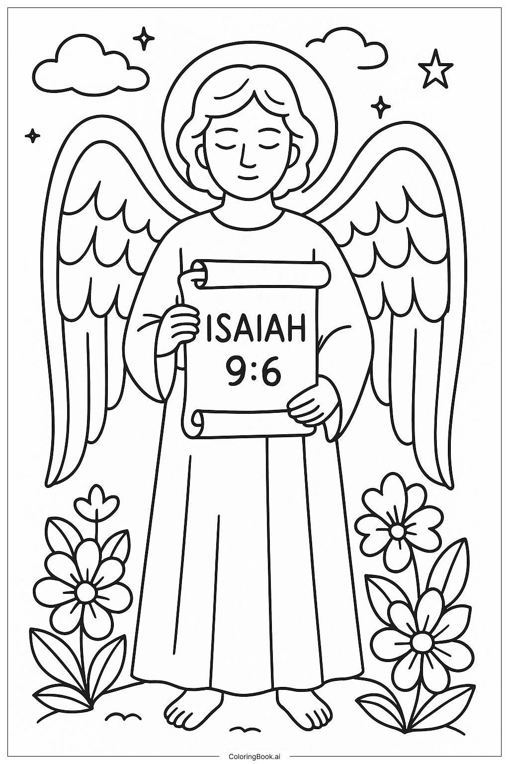  Página para colorear de Ángel con un pergamino e Isaías 9:6 