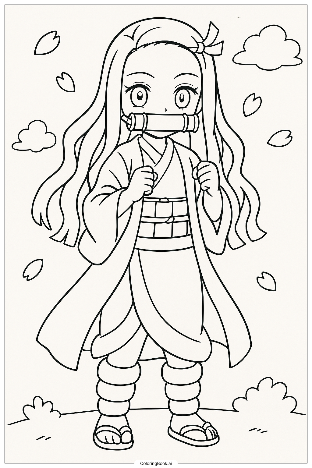  Página para colorear de Nezuko en una postura de pelea suave 