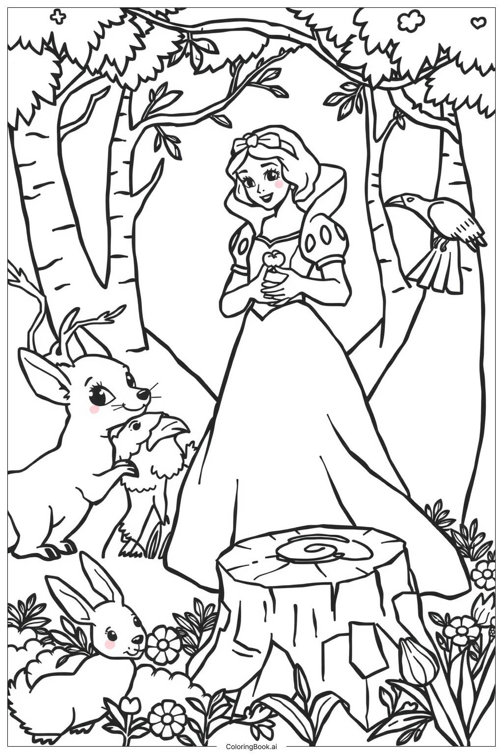  Página para colorear de La Amistad de Blancanieves con los Animales 