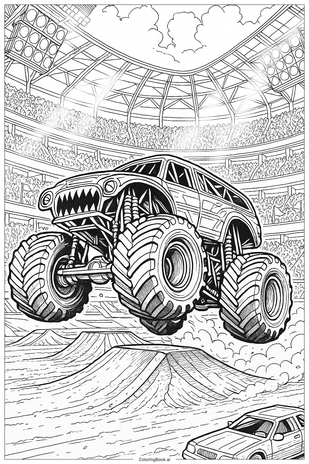  スタジアムの照明の下のモンスタージャムトラックの塗り絵ページ 