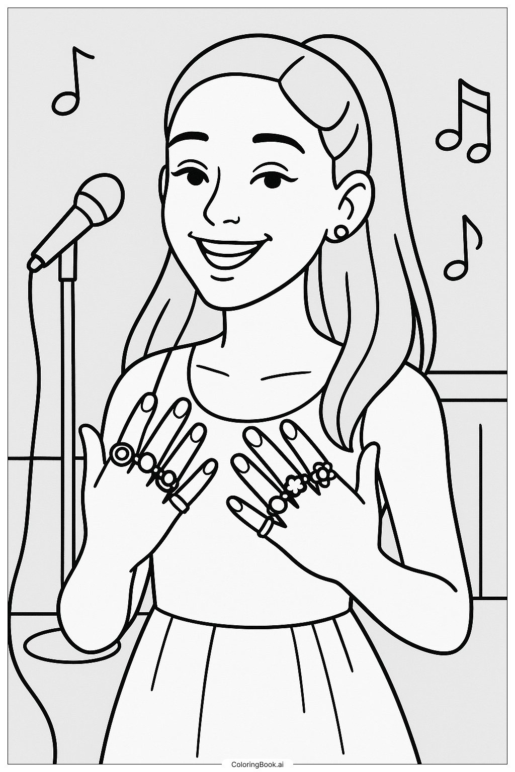  Página para colorear de Ariana Grande Sosteniendo Múltiples Anillos 