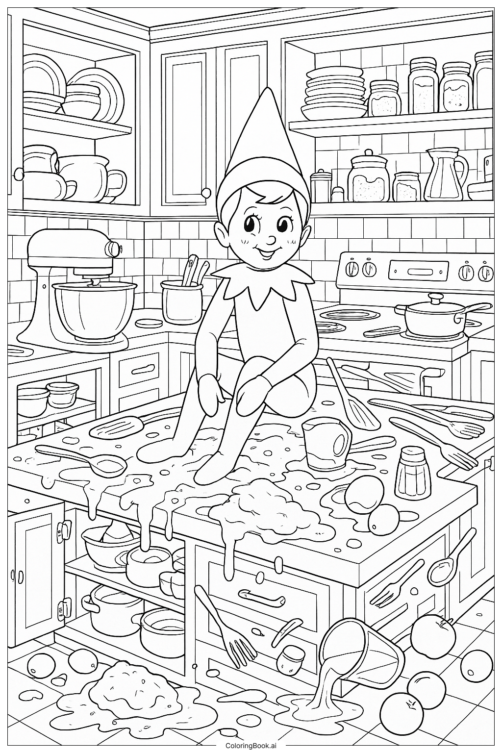  Página para colorir de Duende na prateleira na cozinha fazendo bagunça 
