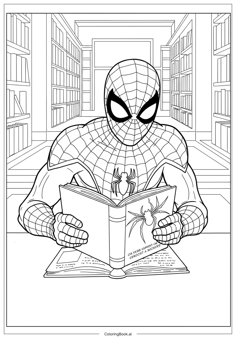  Spiderman reading a book in a library Coloring Page 