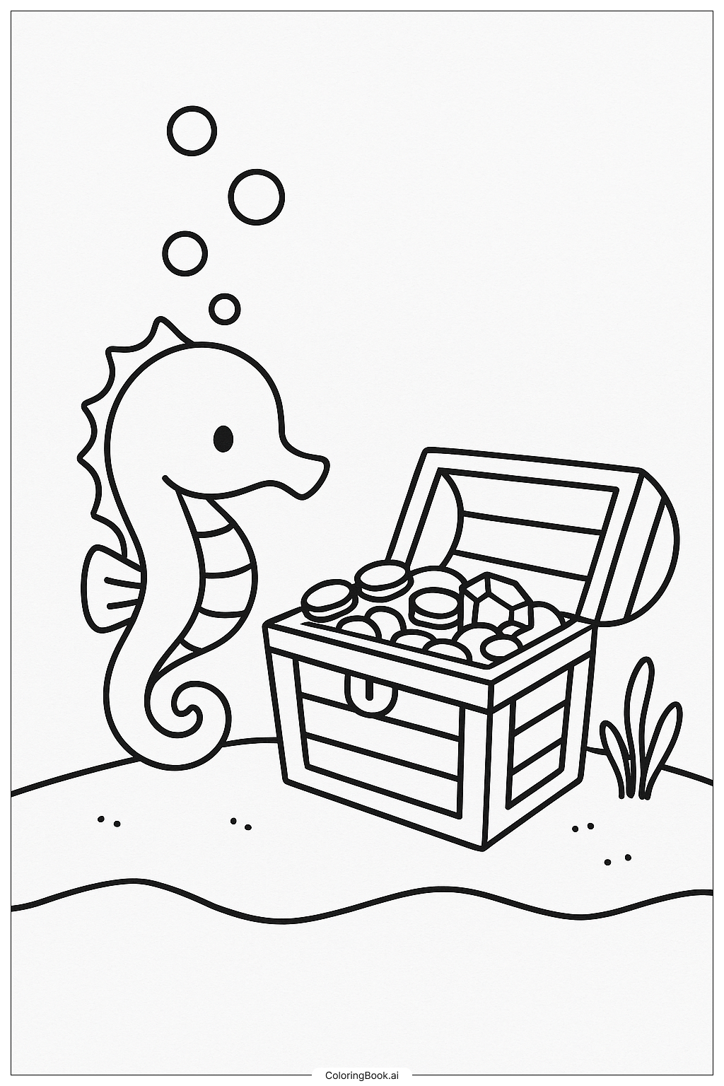 Página para colorear de Caballito de mar descubriendo un cofre del tesoro