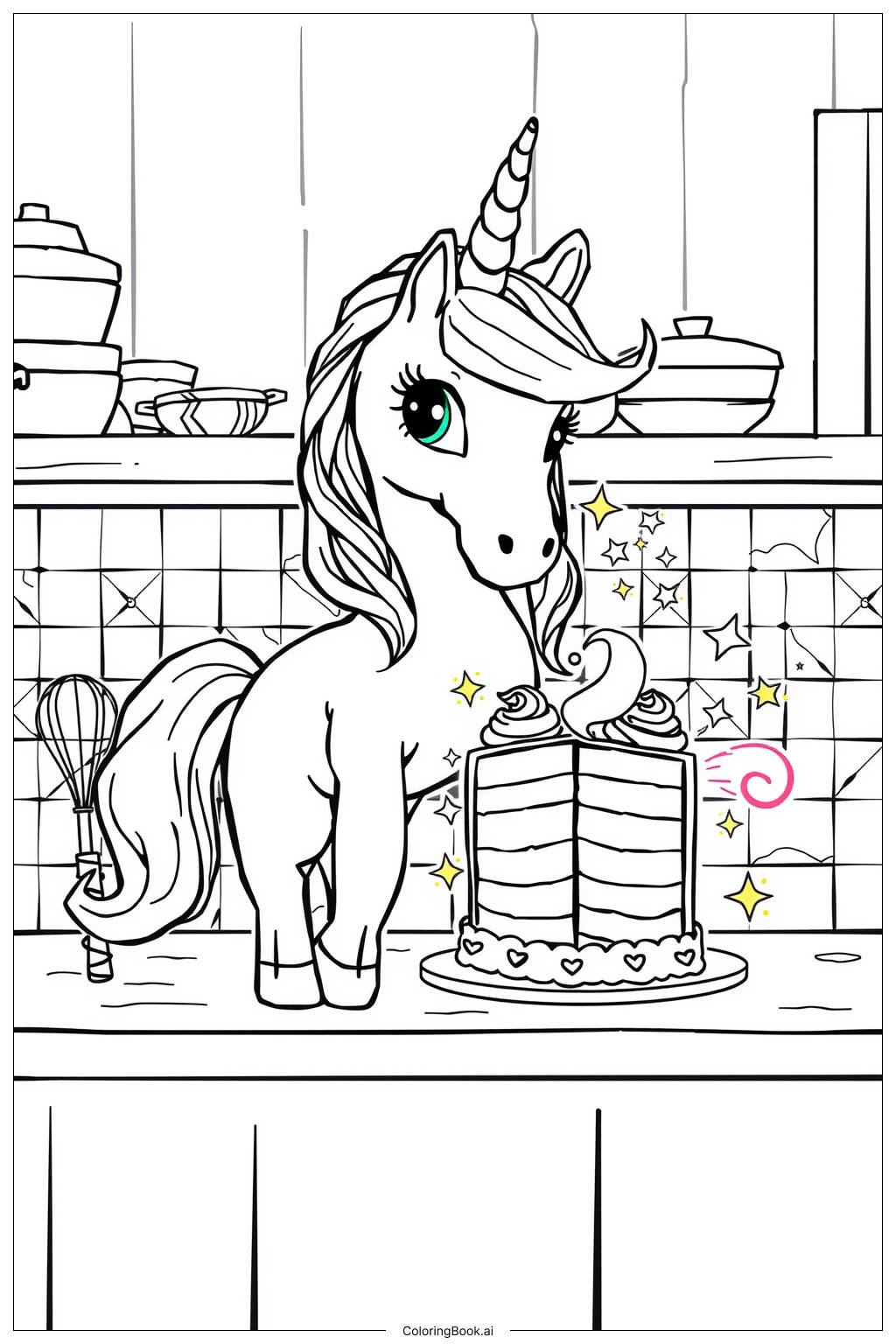  Page de coloriage licorne cuisinant un gâteau arc-en-ciel magique-2 