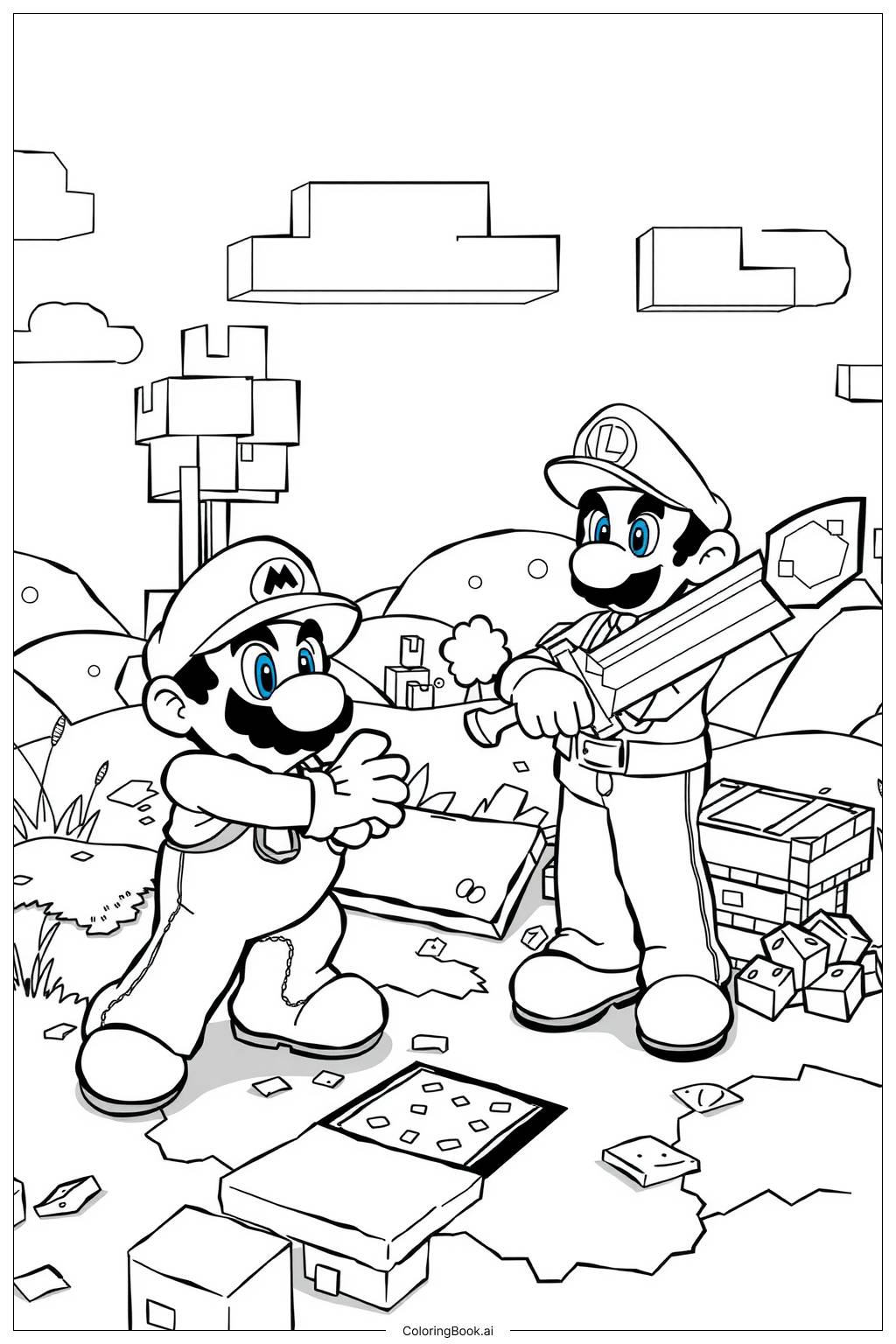  Mario and Luigi Playing in a Minecraft-Inspired World Coloring Page 