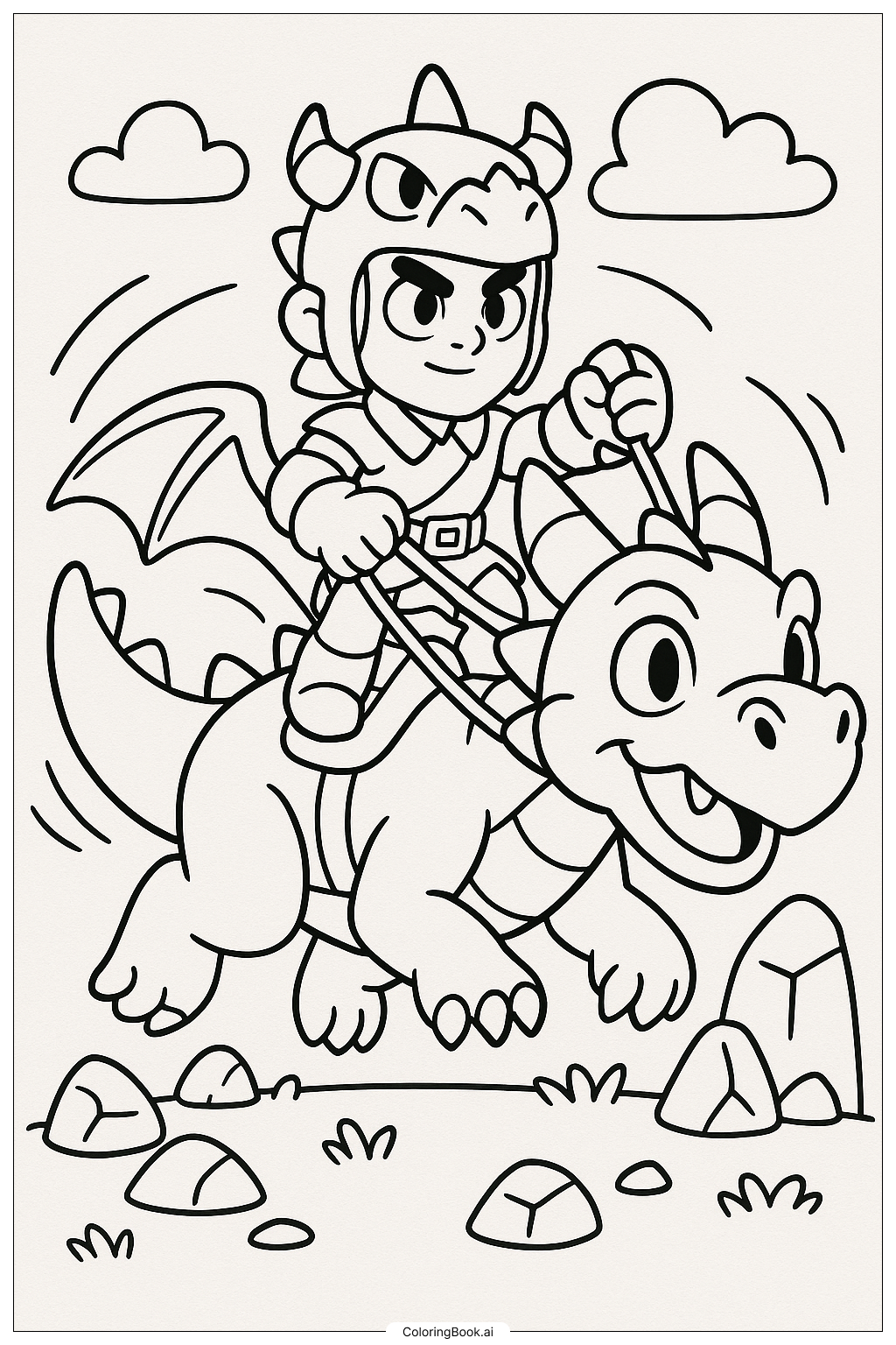  ブロウルスターズ ドラコ ドラゴンに乗るの塗り絵ページ 