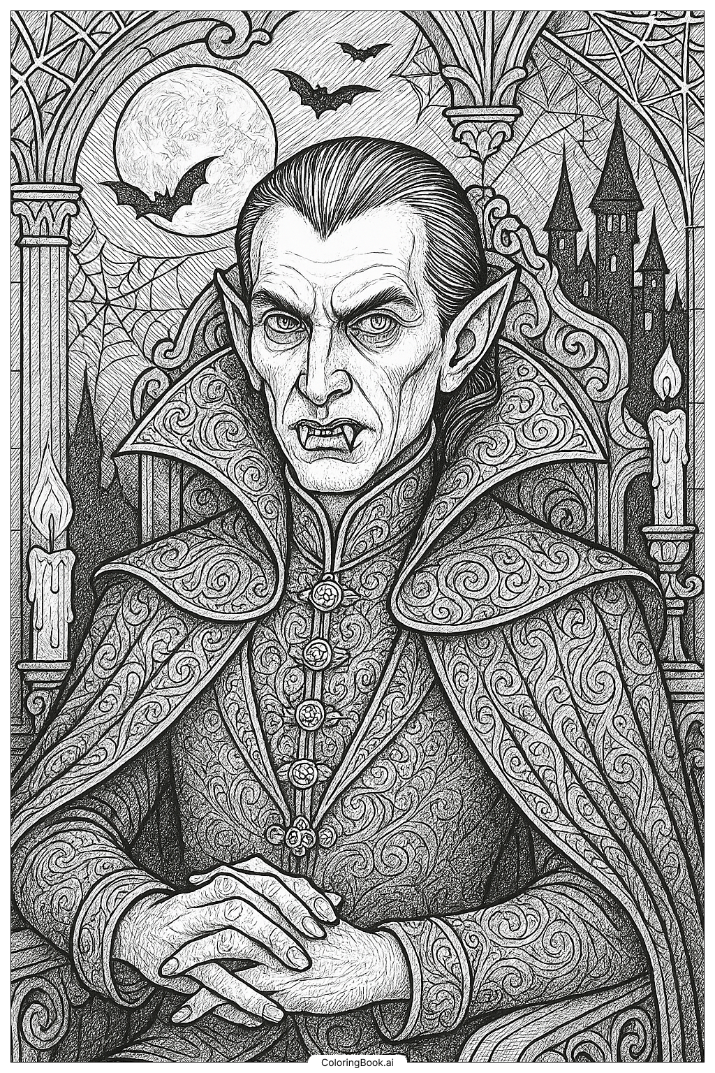 Página para colorir de Retrato Realista de um Conde Vampiro