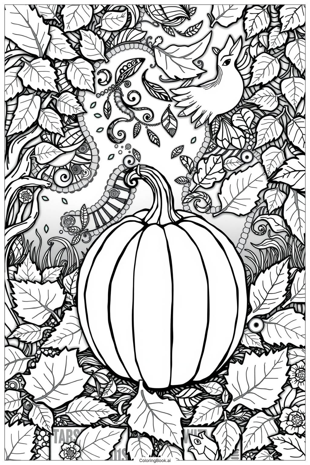  Página para colorear de Escena de oración con calabaza y fondo de otoño 