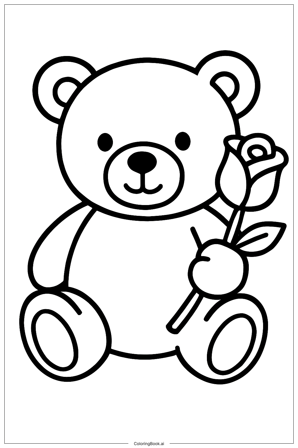  Valentine Teddy Bear With One Rose Coloring Page 