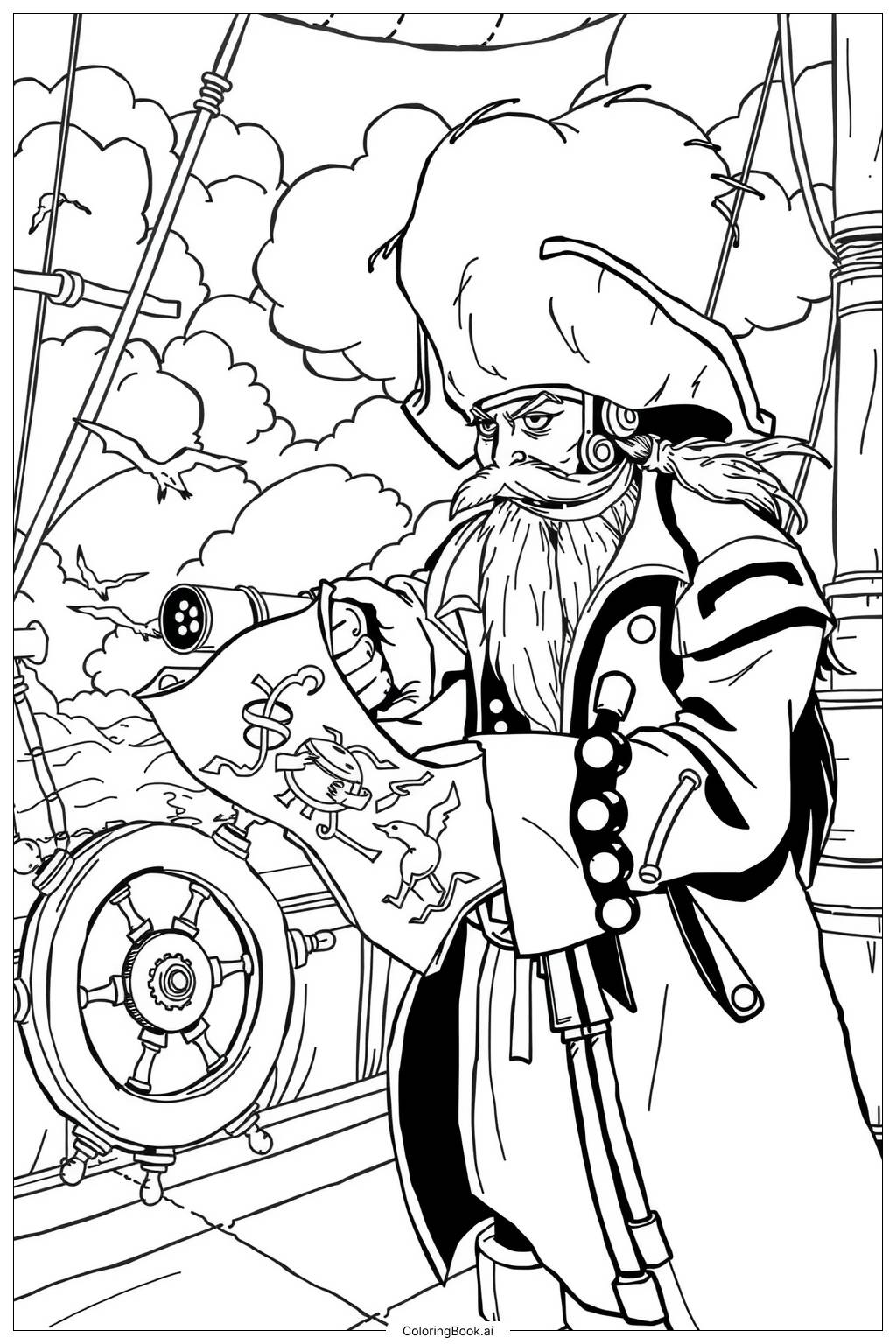  Pirate Captain with Telescope and Map Coloring Page 