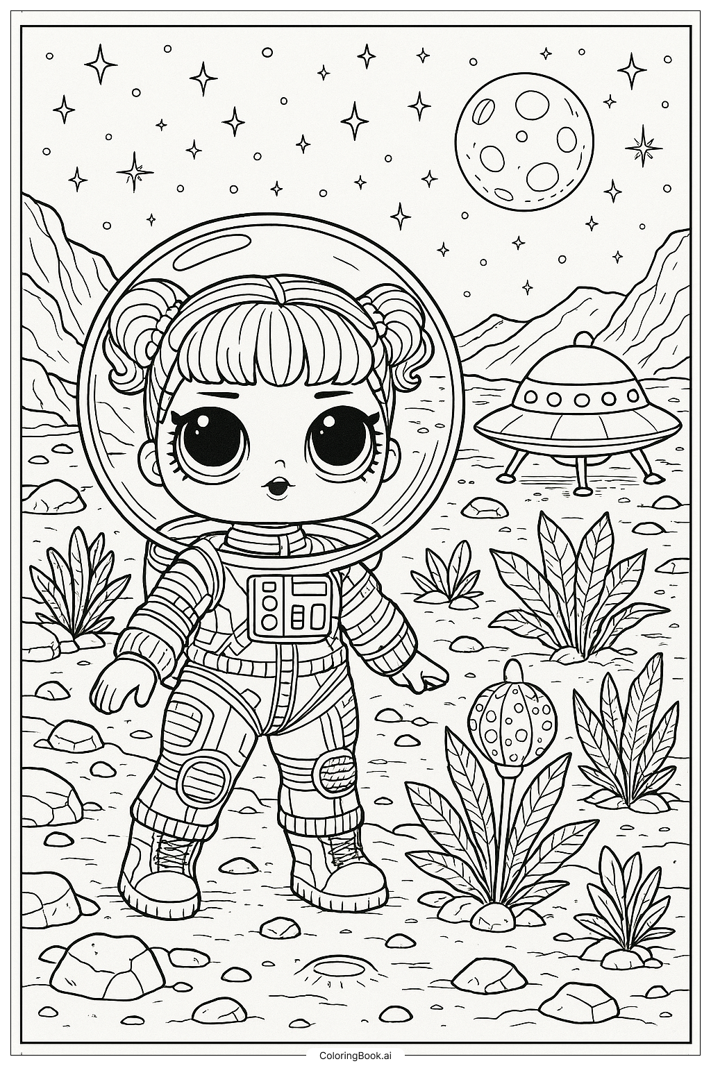 Página para colorir de Boneca Lol Astronauta Explorando um Planeta