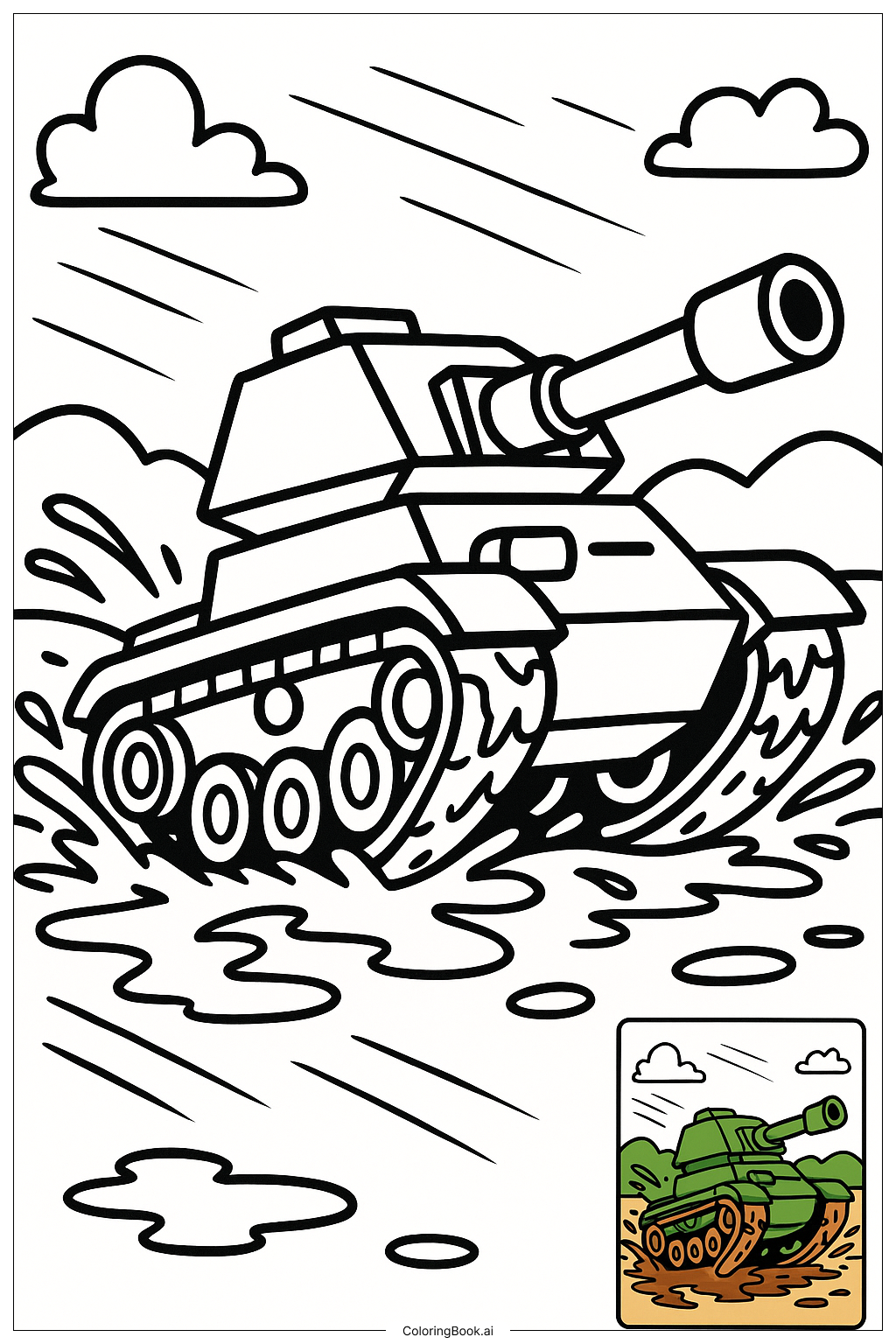  Page de coloriage Char d'armée roulant dans la boue 