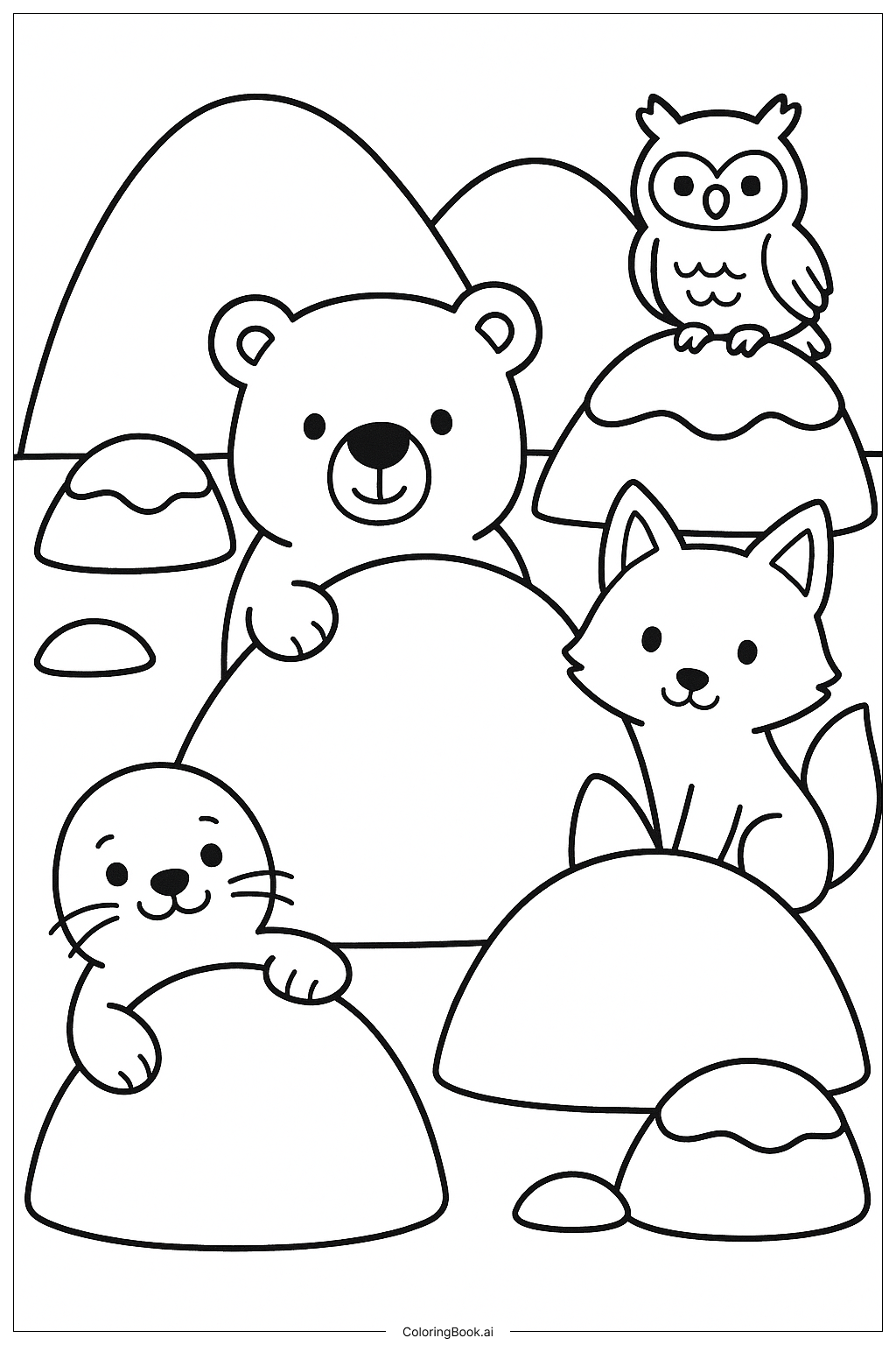 北極動物在雪地玩躲貓貓著色頁