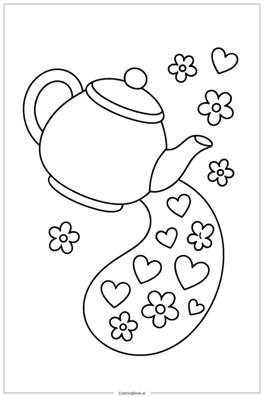  A Teapot Pouring Hearts and Flowers Coloring Page 