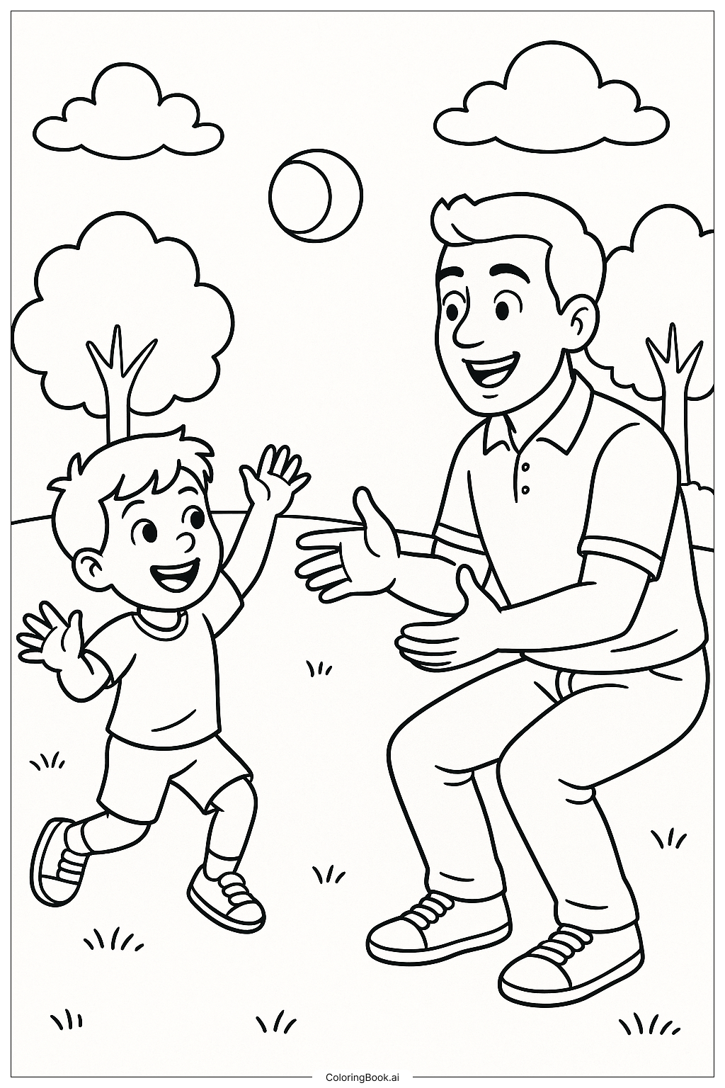 Dad And Son Playing Catch On Fathers Day Coloring Page