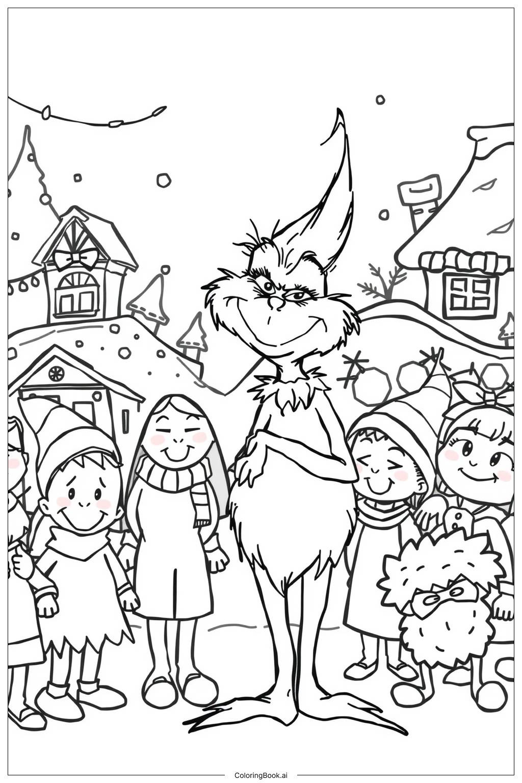  Page de coloriage Le Grinch souriant avec les citoyens de Whoville 