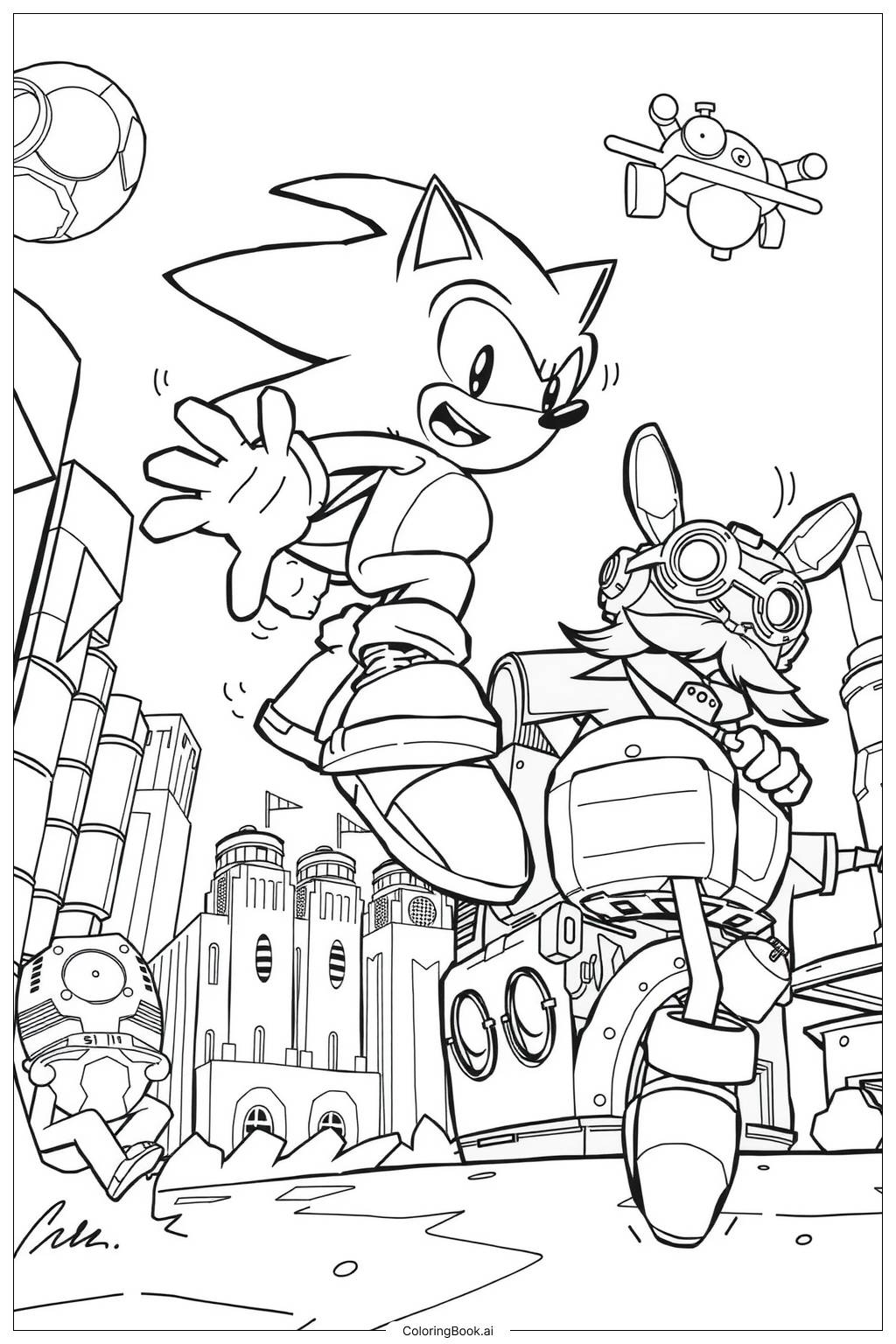  Página para colorir de sonic e eggman lutando em uma cidade futurista 