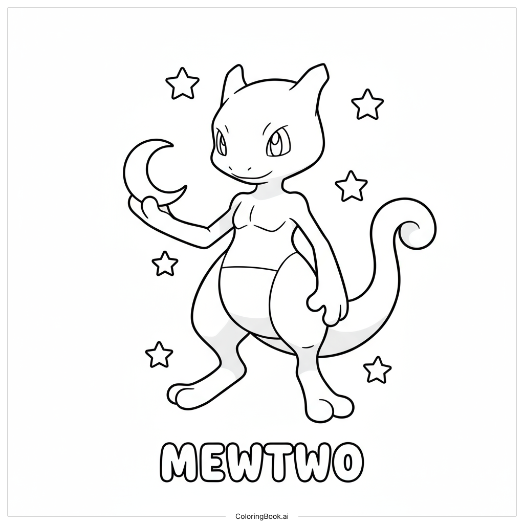  Page de coloriage Mewtwo mignon avec la lune, les étoiles et son nom 