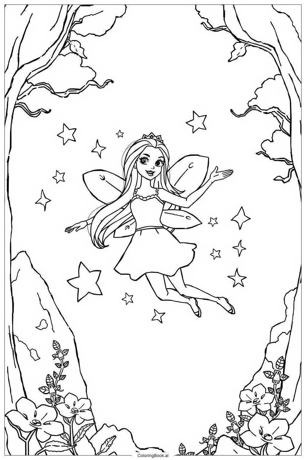  Page de coloriage barbie fée volant dans une forêt magique 