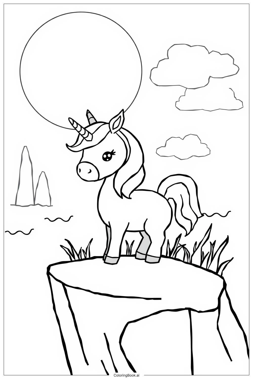  Page de coloriage le dernier licorne debout sur une falaise pendant le coucher du soleil 