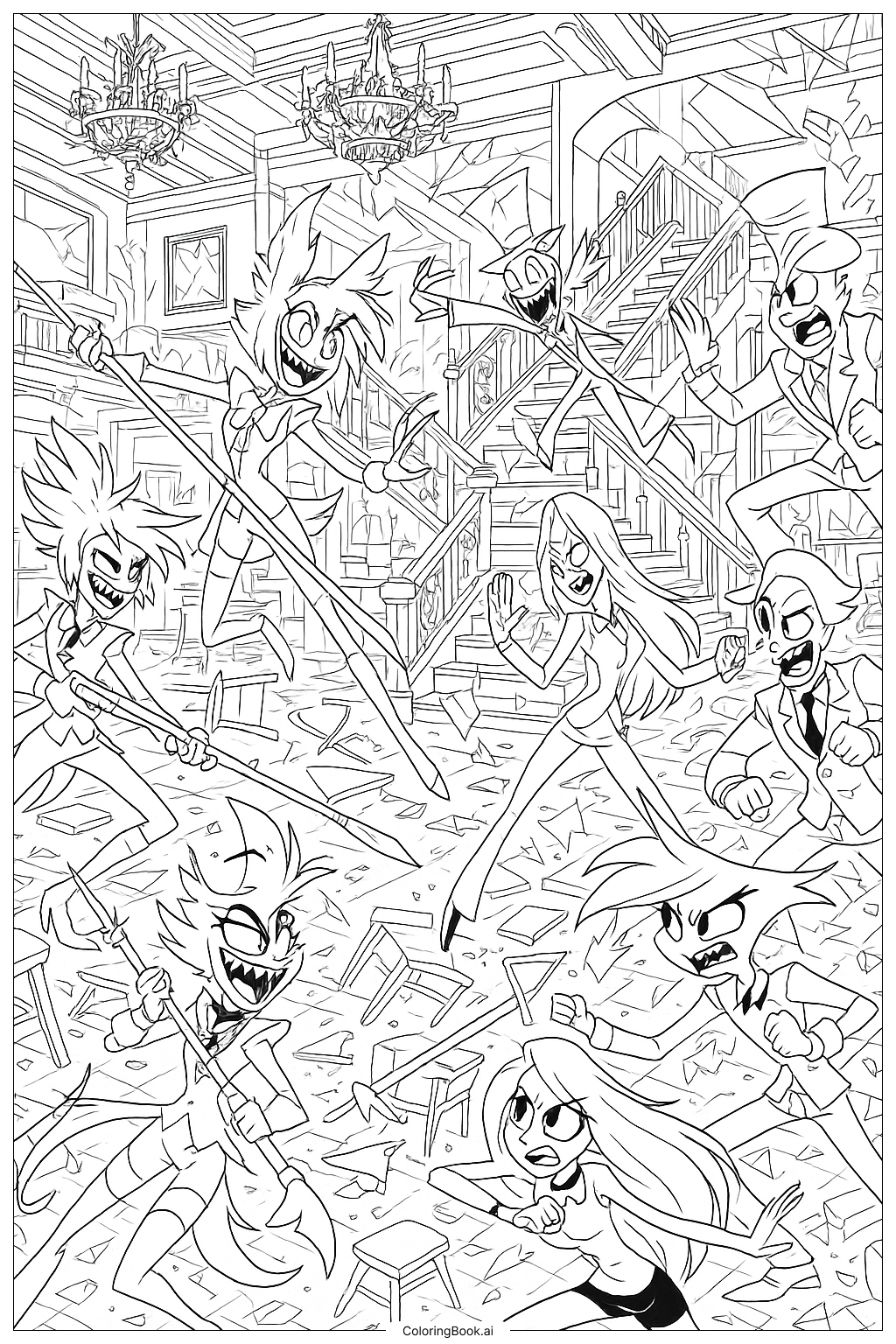 헤즈빈 호텔 내부의 혼란스러운 전투 색칠공부 페이지