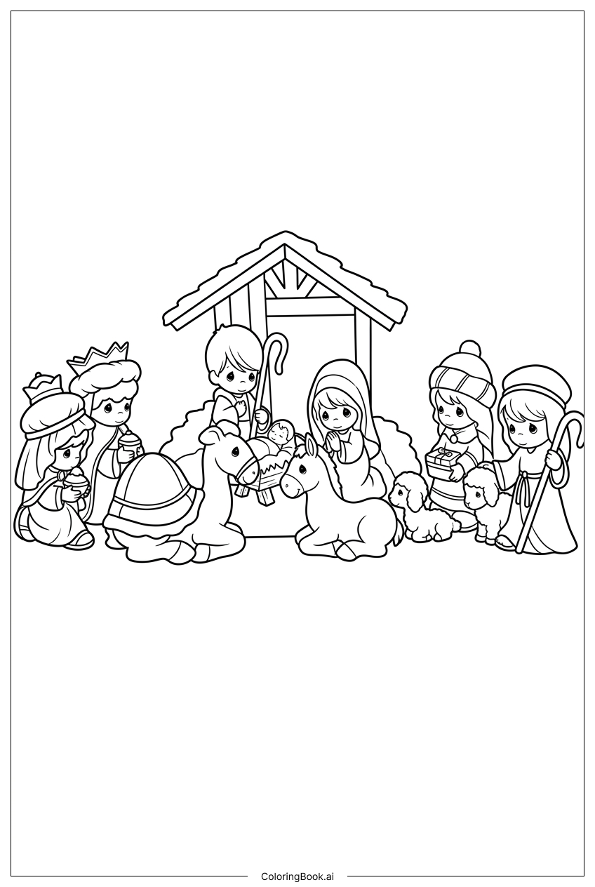 Reunión del pesebre Precious Moments alrededor del bebé Jesús