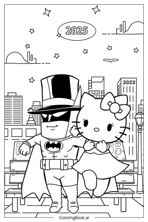  hello kitty and batman 2025 happy new year-2 Coloring Page 