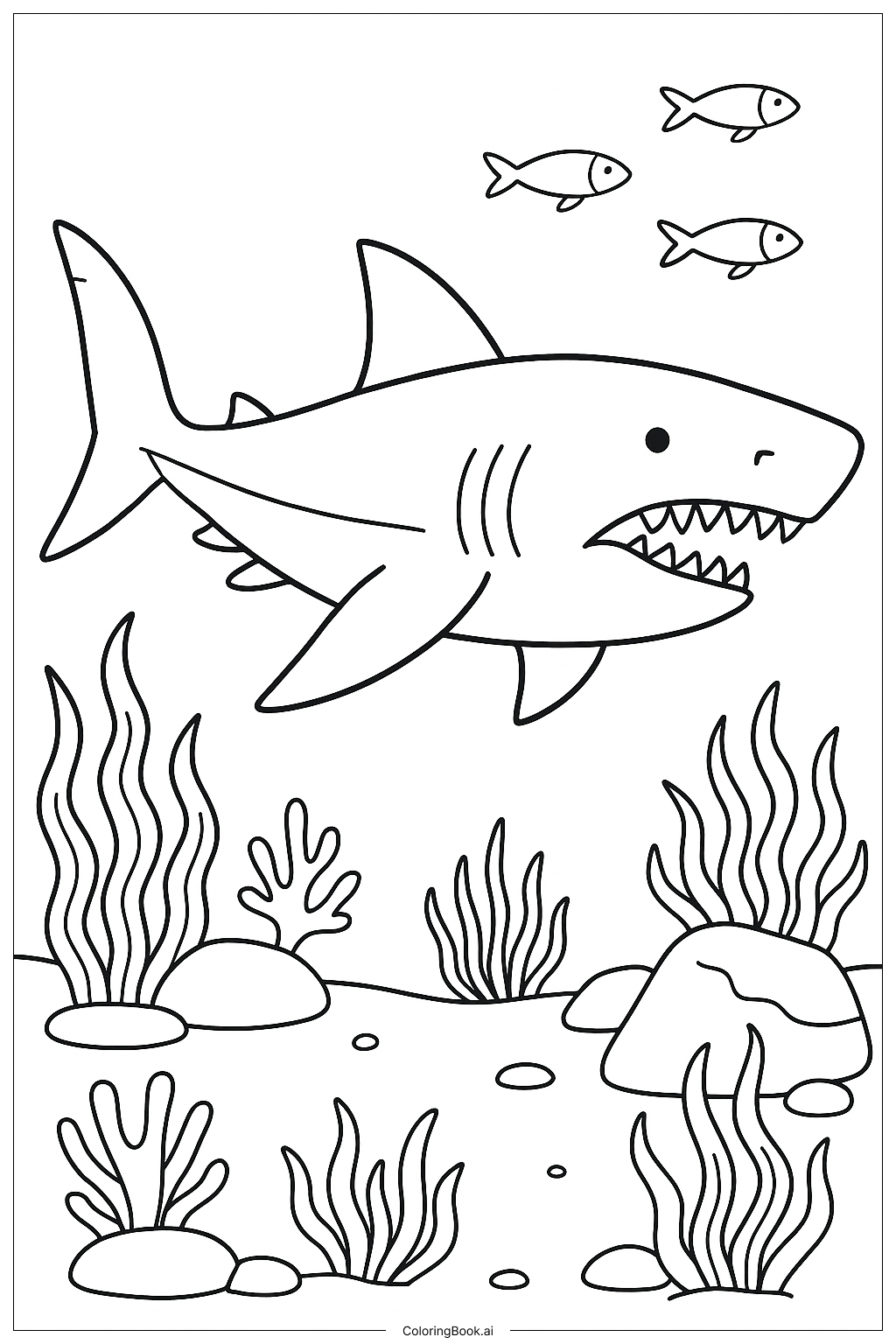  Prähistorischer Ozean mit einem Megalodon Ausmalseite 