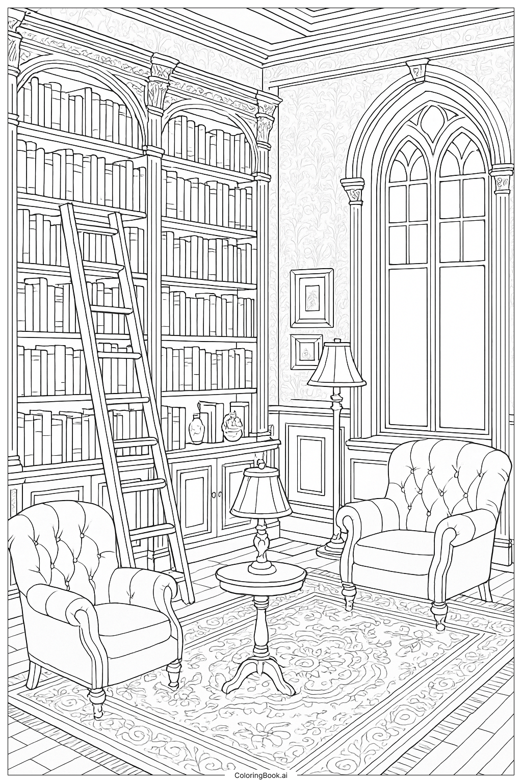  A Cozy Victorian Library With A Ladder Coloring Page 