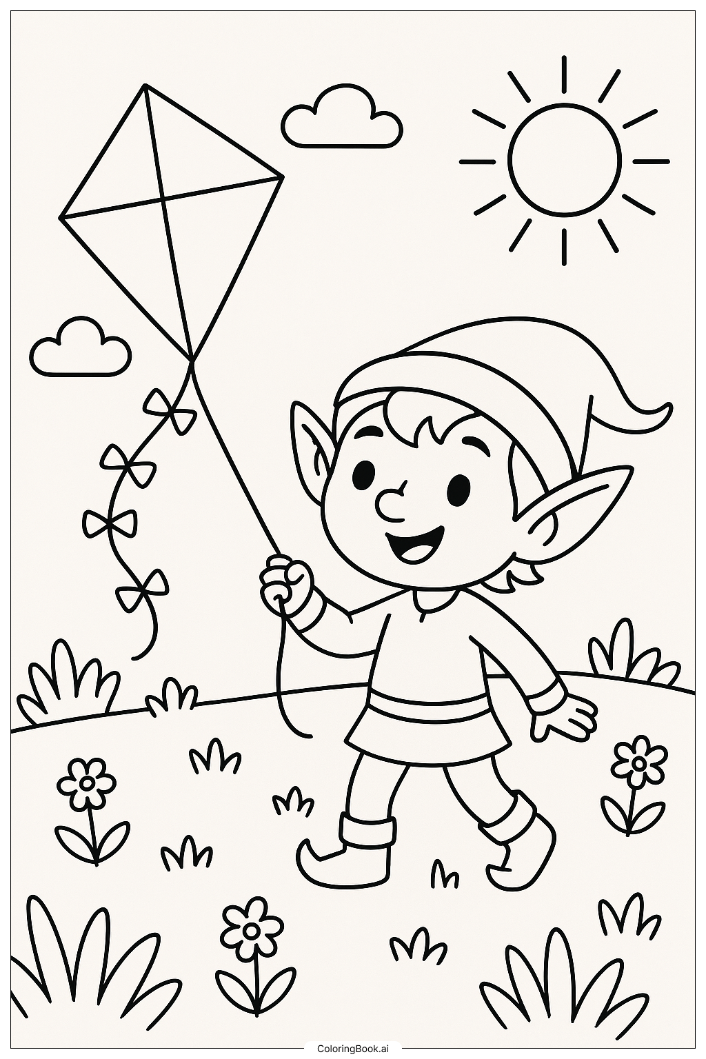  Página para colorir de Elfo Voando Pipa em um Prado 