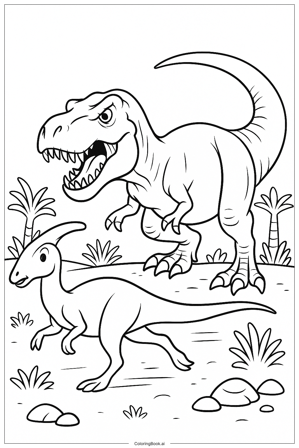  Página para colorir de Uma Caçada Realista de T-Rex 
