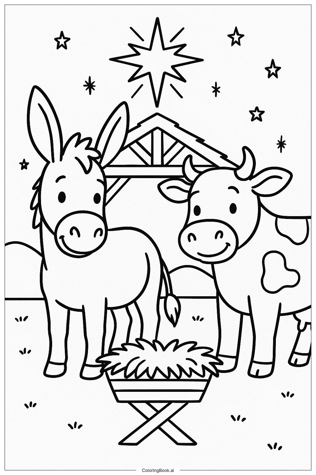 Esel und Kuh an der Krippe Ausmalseite 