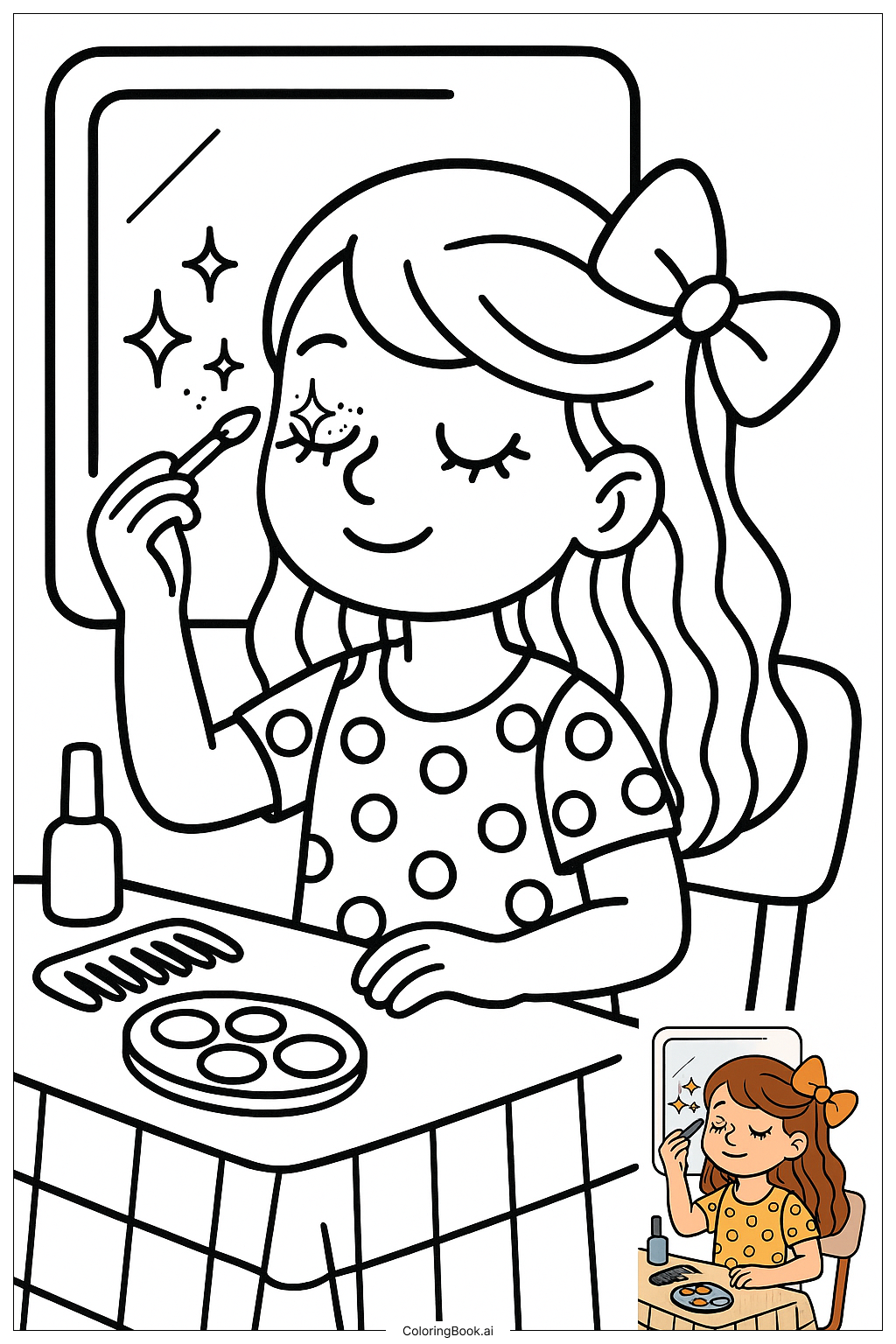 小女孩小心翼翼地给眼睑涂闪粉填色页