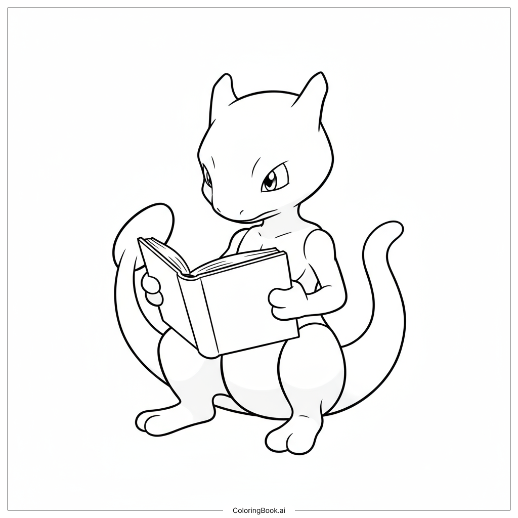  Page de coloriage Mewtwo assis en train de lire un livre 