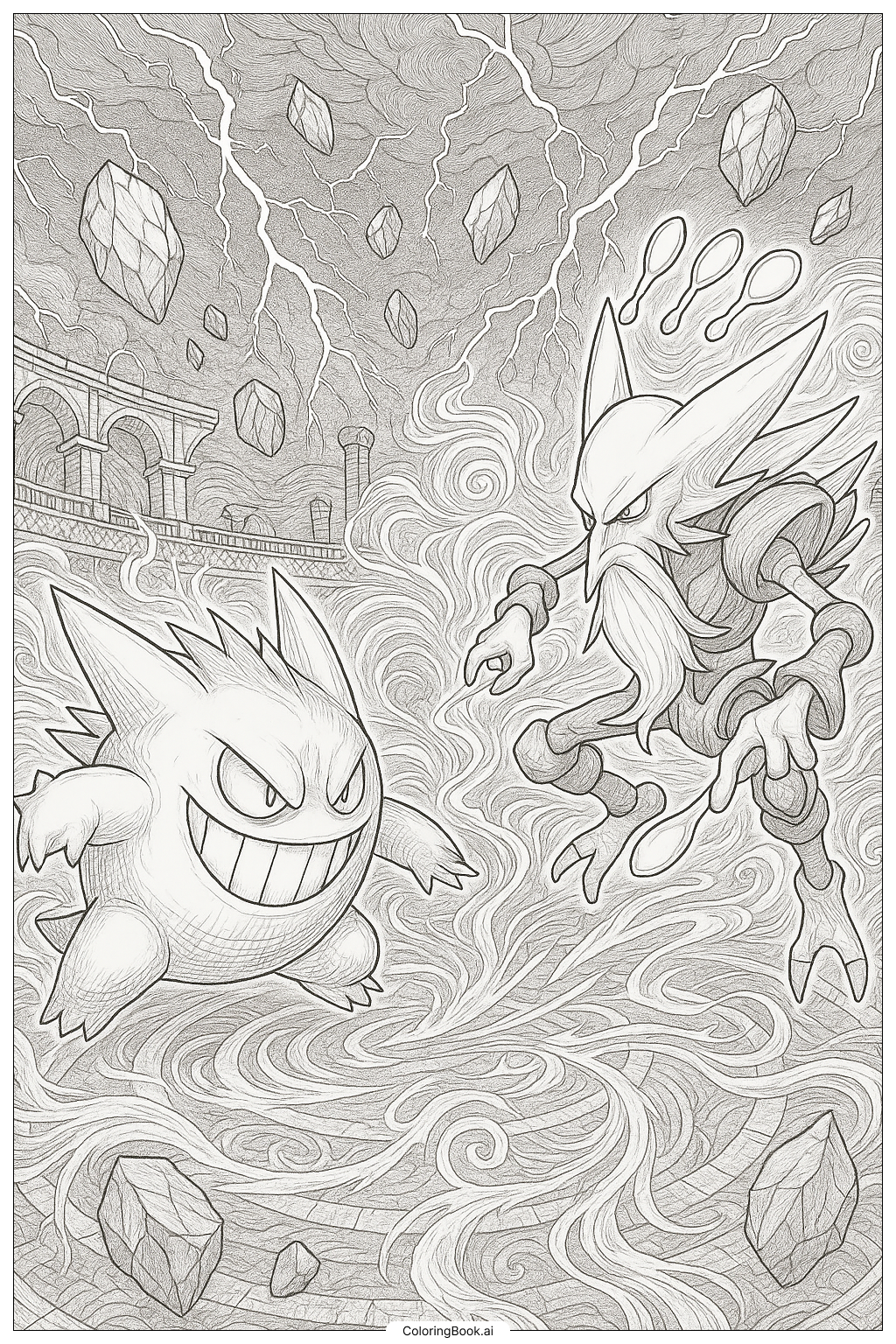  Page de coloriage Gengar contre Méga Alakazam Combat Épique 