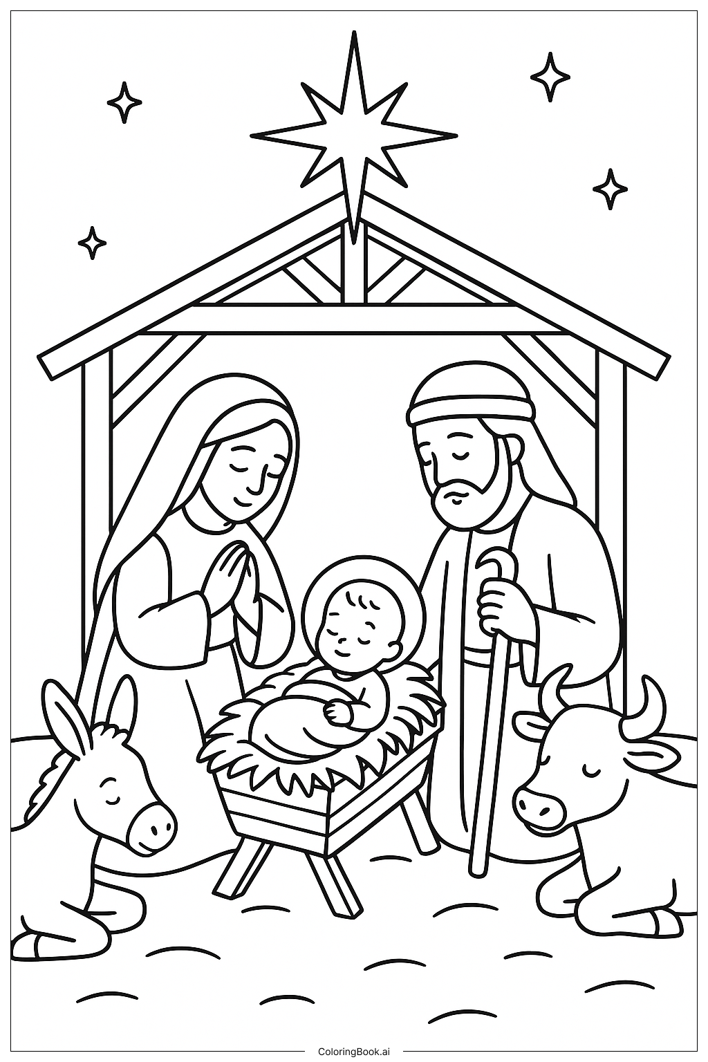  Página para colorear de La escena de la Natividad con el niño Jesús 