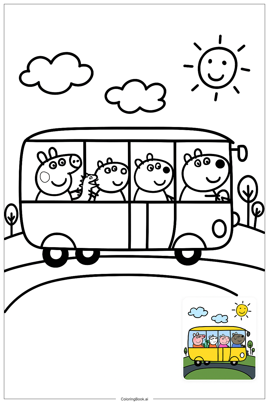  Página para colorir de Peppa Pig e Amigos no Ônibus Escolar 