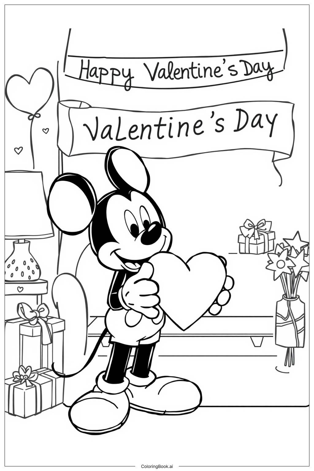  Página para colorear de Sorpresa de San Valentín de Mickey Mouse 'Feliz Día de San Valentín' 