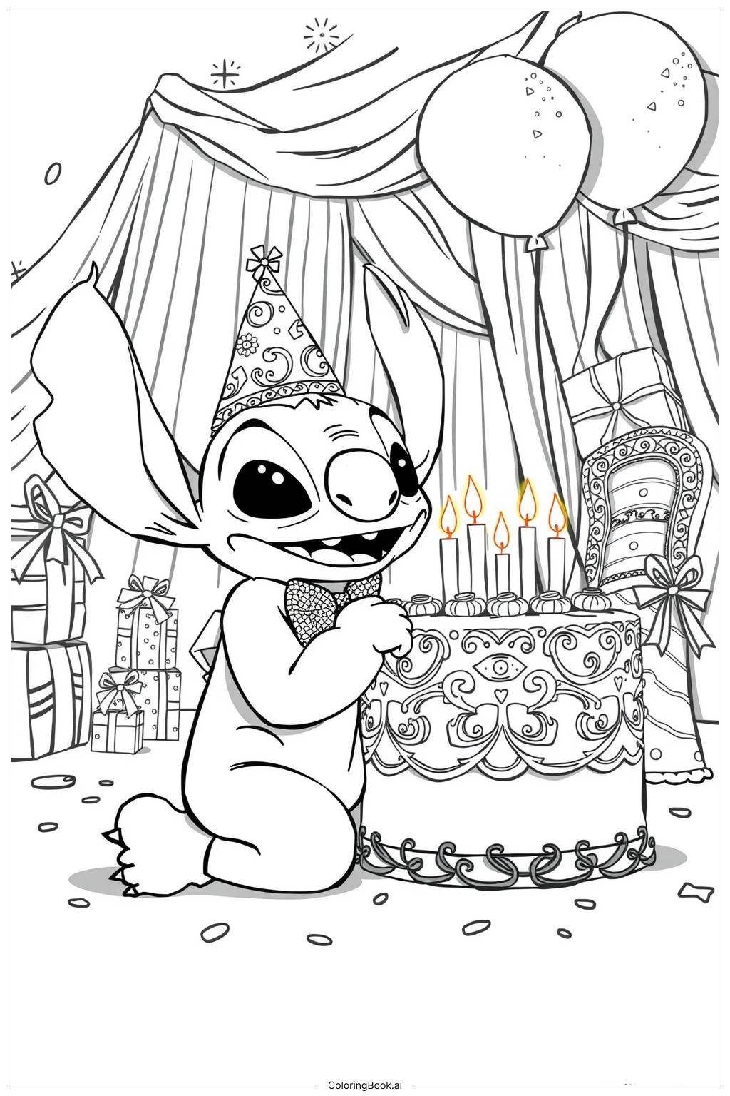  Page de coloriage Stitch fait un vœu d'anniversaire 