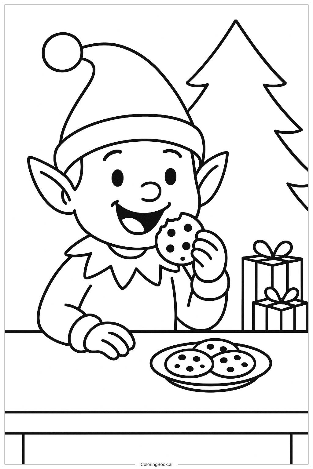  Christmas Elf Eating Cookies填色页 
